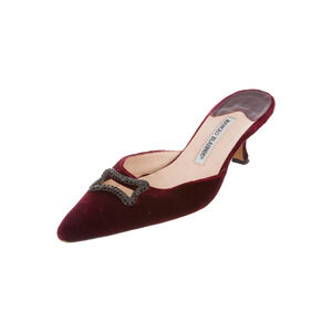 Manolo Blahnik Velvet Pointy Toe Crystal Kitten Heel Mules Red Women 38 / US 8